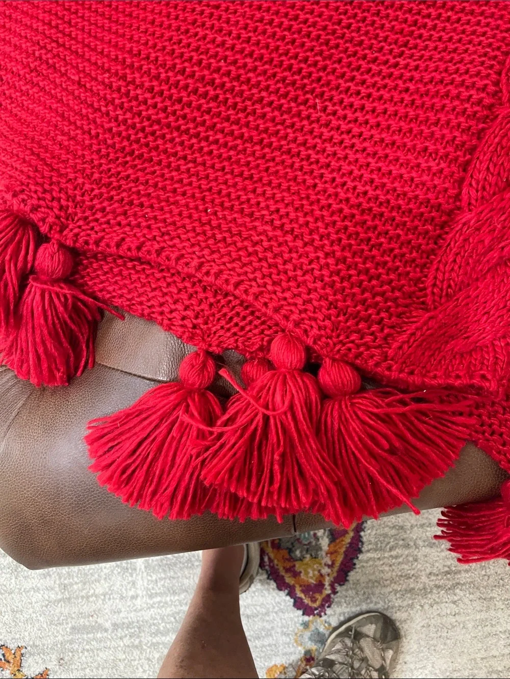 Red Chunky Knit Throw Blanket with Braided Edge & Tassels 62 x 54.